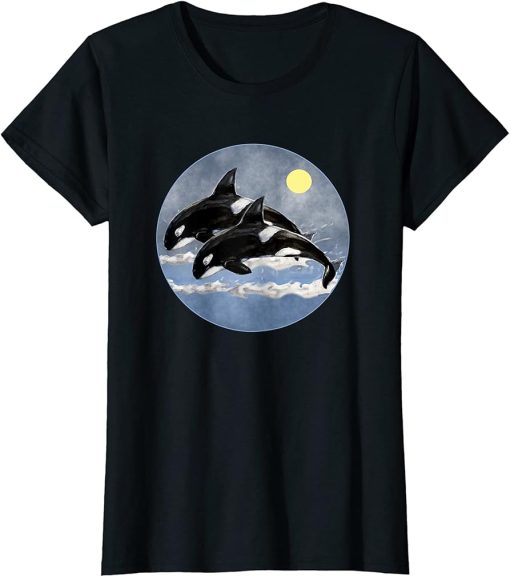 Womens Orca Killer Whale Family Art Retro Style Sea Panda Orcas T-Shirt