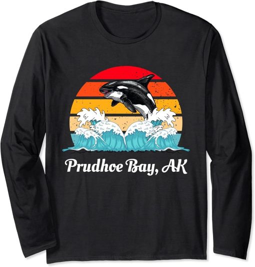 Vintage Prudhoe Bay AK Distressed Orca Killer Whale Art Long Sleeve T-Shirt