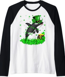 Irish Shamrock Leprechaun Orca Fish St. Patrick"s Day Raglan Baseball Tee