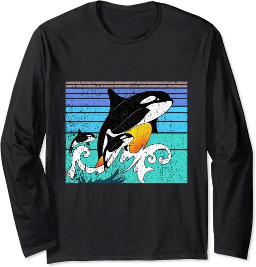 Orca Family Vintage Retro Art, Killer Whale Family Birthdays Long Sleeve T-Shirt