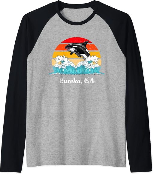 Vintage Eureka CA Distressed Orca Killer Whale Art Raglan Baseball Tee